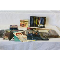 ASSORTED RECORDS AND CDS AND CASED SET OF JOHNNY CARSON EPISODES