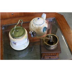 TEAPOT AND BISCUIT BARRELL AND COFFEE GRINDER