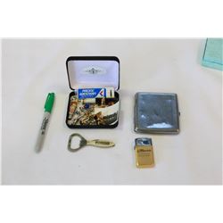 BOX OF MENS COLLECTIBLES AND CIGARETTE CASE