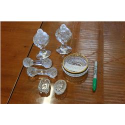 CRYSTAL SALT AND PEPPER AND OPEN SALTS AND KNIFE RESTS ETC