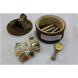 WESTERN MOTIF DRESSER BOX WITH MENS WATCHES
