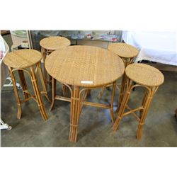 RATTAN TABLE AND FOUR STOOLS