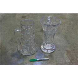 HEAVY CRYSTAL VASE AND HANDLED PITCHER