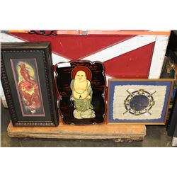 EGYPTIAN ART AND DRAGON PRINT AND BUDDAH LACQUERED PANEL