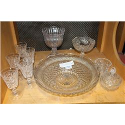 SHELF LOT OF CRYSTAL DISHES GLASSES VASES AND SERVING PLATTER