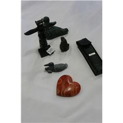 CARVED TOTEM STONE PAPER WEIGHT AND ANIMAL FIGURES