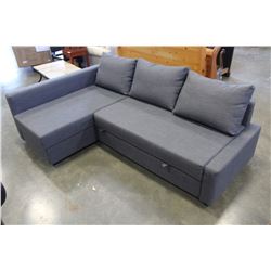 AS NEW GREY FABRIC SECTIONAL WITH LOUNGE AND STORAGE MAKES INTO BED