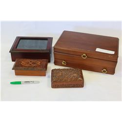 FOUR WOOD JEWELLRY BOXES