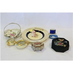 VINTAGE CHINA PIECES AND TWO VANITY CASES CHINA FLORAL ETC
