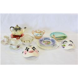 LOT OF CHINA PLATES TEAPOTS AND BASKET