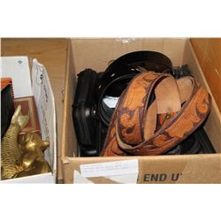 LEATHER BELTS BRASS WARE ETC AND BOX OF E-CIGARETTE CASES