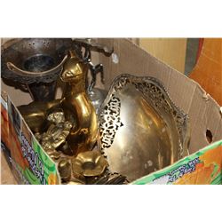 BOX OF BRASS AND SILVER FIGURES AND SERVING PIECES AND ONYX LAMP