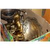 Image 1 : BOX OF BRASS AND SILVER FIGURES AND SERVING PIECES AND ONYX LAMP