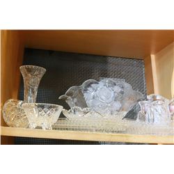 SHELF LOT OF CRYSTAL SERVING PIECES