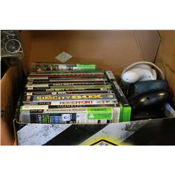 BOX OF VIDEO GAMES AND CONTROLLERS AND BOX OF 8-TRACKS