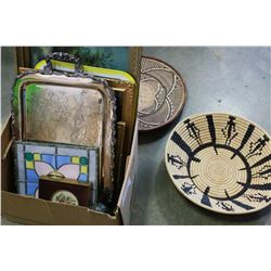 LOT OF PRINTS BASKETS AND SILVER TRAY AND SESAME STREET TRAY