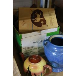 BOX OF TINS POTTERY BOWL AND CHINA