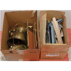 TWO BOXES OF ESTATE ITEMS INCLUDING BRASS ITEMS,
