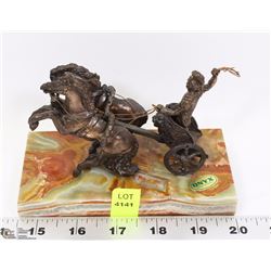 VINTAGE ONYX ROMAN CHARIOT BRONZE SCULPTURE ON MARBLE