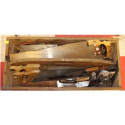 ESTATE TOOL BOX INCL SAWS, PIPE WRENCHES AND MORE