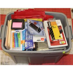 LARGE TOTE OF ASST OFFICE SUPPLIES AND STATIONARY