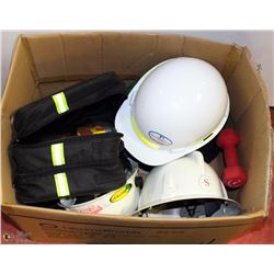 BOX OF HARD HATS AND ASSORTED SAFETY GEAR