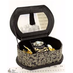 BLACK AND GOLD JEWELRY BOX FILLED WITH BROOCHES