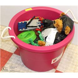 LARGE ROUND TOY BIN W/MEGA BLOCKS &