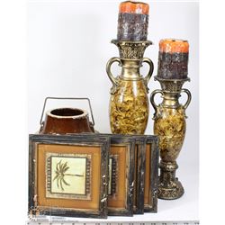 BOX OF ASSORTED DECORATIVE ITEMS INCLUDING CANDLE