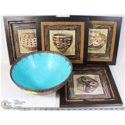 LOT OF 5 AZTEK DESIGN FRAMED PRINTS & 1 BOWL