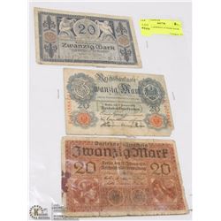 LOT OF 3 GERMAN 20 MARK BANK NOTES