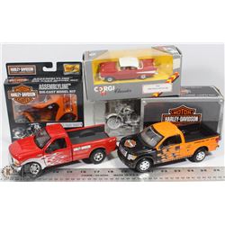 FLAT WITH 4 HARLEY DAVIDSON DIECAST TRUCKS, MODEL