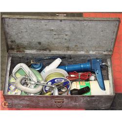 METAL BOX WITH TOOLS, PROPANE TORCH, SPOOL OF AUTO