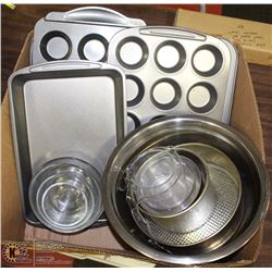 BOX W/BAKING PANS, MEASURING CUPS AND