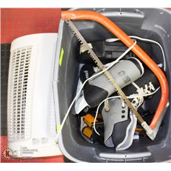 BIN OF MISC ITEMS INCL SKATES, SAW, AIR PURIFIER,