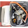 Image 1 : BIN OF MISC ITEMS INCL SKATES, SAW, AIR PURIFIER,