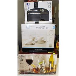 SET OF DISHES, GLASSES & SILVER WARE.  ALL NEW