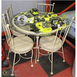 VINTAGE METAL AND GLASS TABLE WITH FOUR CHAIRS