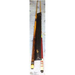 WOOD CARVED POOL CUE SOLD WITH 20 OZ BUDWEISER