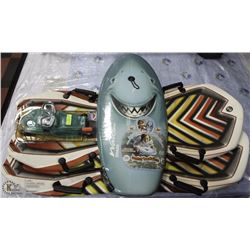 BOOGIE BOARD, 2 SNOW SLEDS,  SNORKEL, GOGGLES &