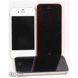 LOT OF 3 IPHONES, (2 IPHONE 4'S & 1 IPHONE 5)