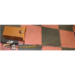 3 FISHING RODS & REELS & FENWICK COOLER SEAT