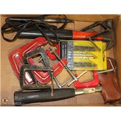 ESTATE BOX WITH HATCHET, HAMMER, CLAMPS & MORE