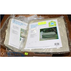 LOT OF 2 PATIO LOVE SEAT COVERS AND 1 TABLE COVER