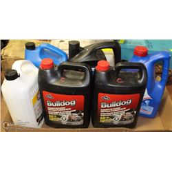FLAT OF 2 JUGS OF OIL AND 4 JUGS OF ANTIFREEZE