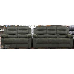 NEW GREEN FABRIC RECLINING SOFA AND LOVESEAT