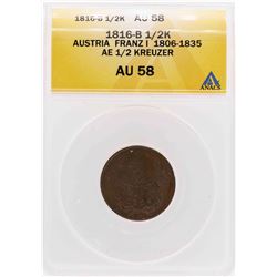 1816-B Austria Franz I Ae 1/2 Kreuzer Coin ANACS AU58
