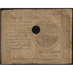 September 26, 1778 $20 Continental Currency Note
