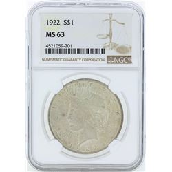1922 $1 Peace Silver Dollar Coin NGC MS63