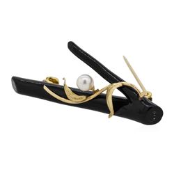 14KT Yellow Gold Black Coral and Pearl Pin